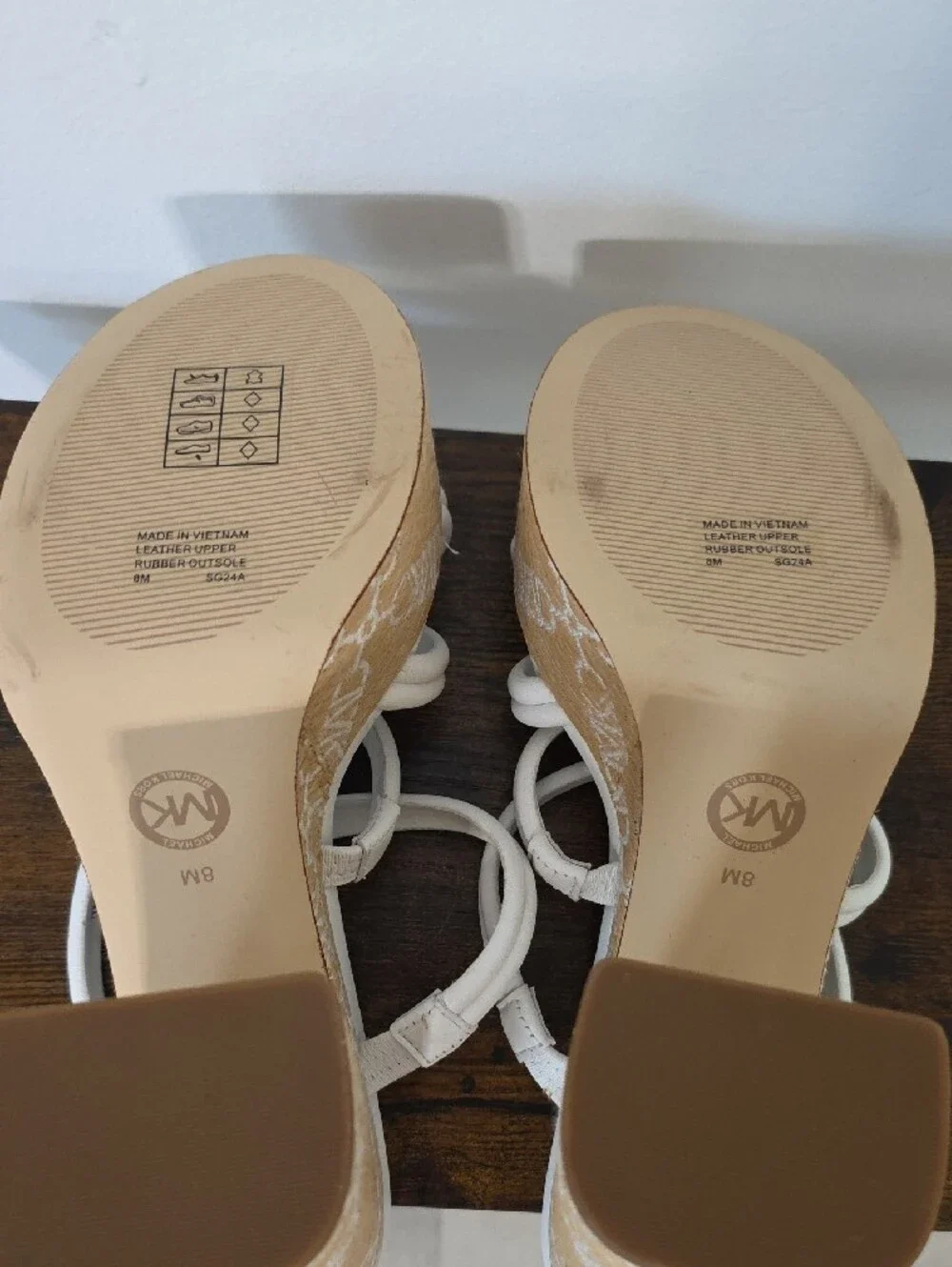 Michael Kors White Strappy Platform Sandals with Tan Patterned Heel